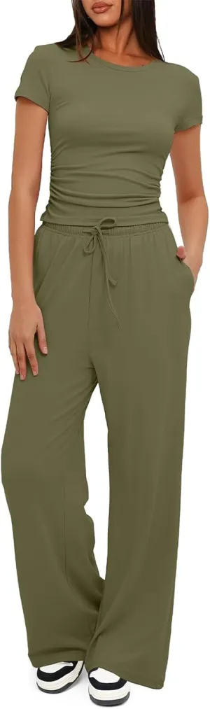 2024 Women's Summer Casual Deep Crewneck Short Sleeve Wrap Drawstring Waist Wide Leg Pants Jumpsuit Romper for Women