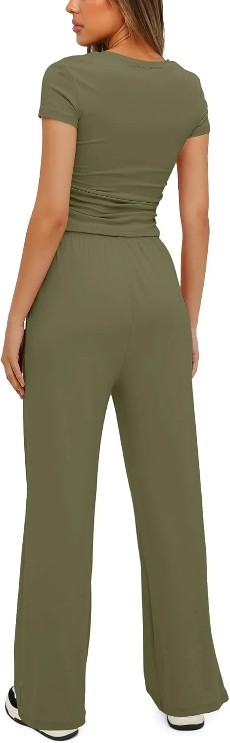 2024 Women's Summer Casual Deep Crewneck Short Sleeve Wrap Drawstring Waist Wide Leg Pants Jumpsuit Romper for Women