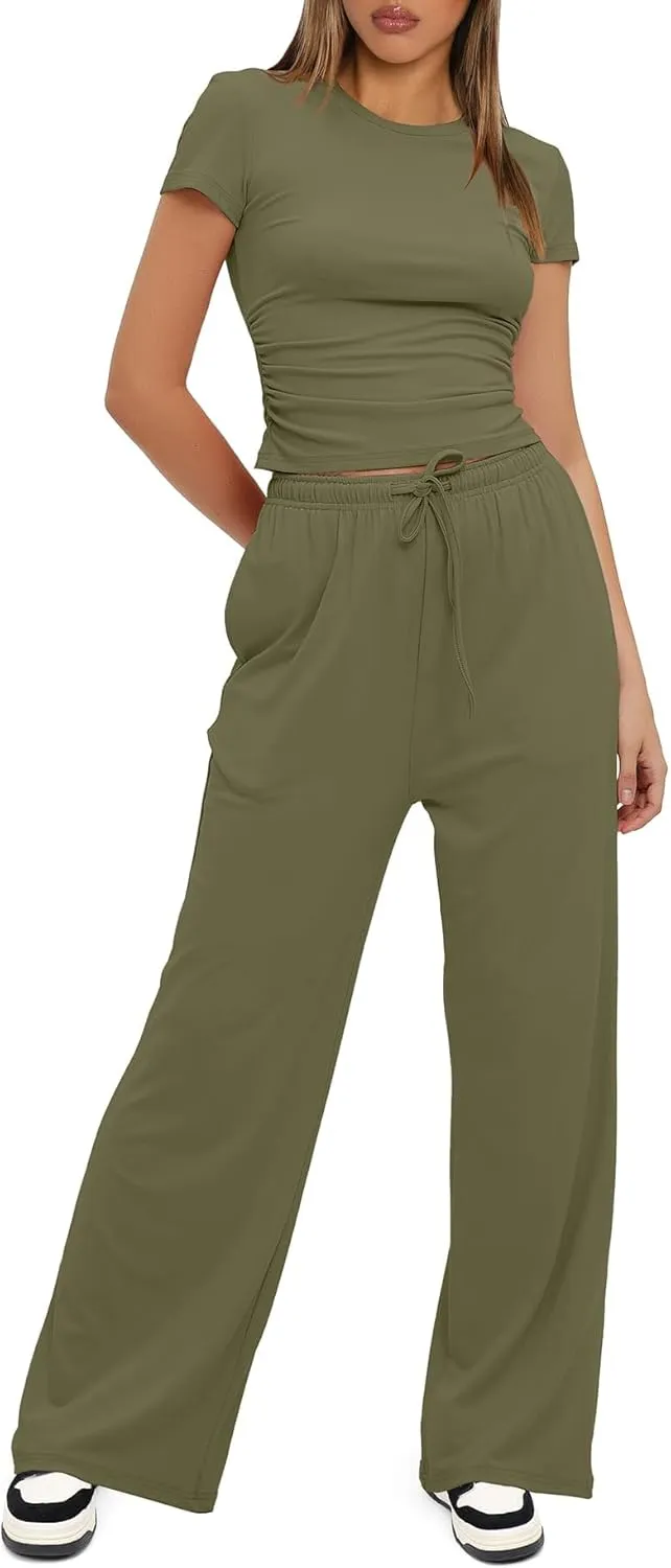 2024 Women's Summer Casual Deep Crewneck Short Sleeve Wrap Drawstring Waist Wide Leg Pants Jumpsuit Romper for Women