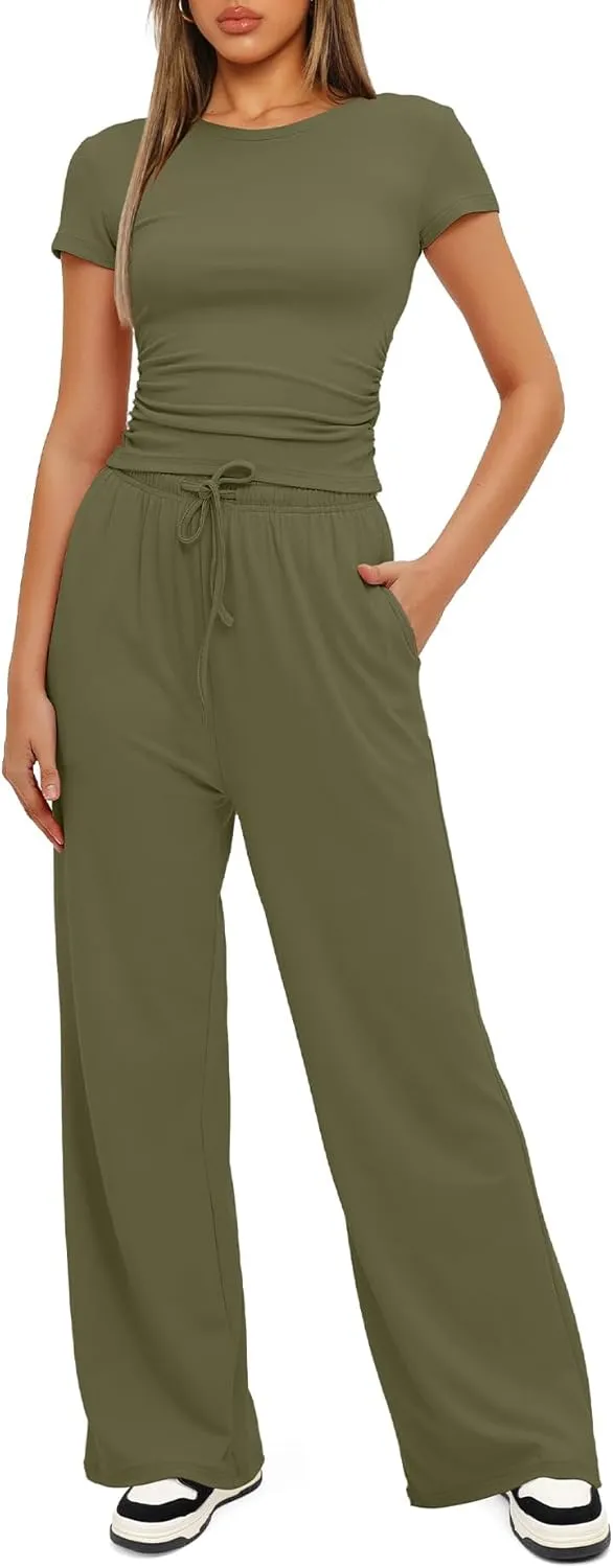 2024 Women's Summer Casual Deep Crewneck Short Sleeve Wrap Drawstring Waist Wide Leg Pants Jumpsuit Romper for Women
