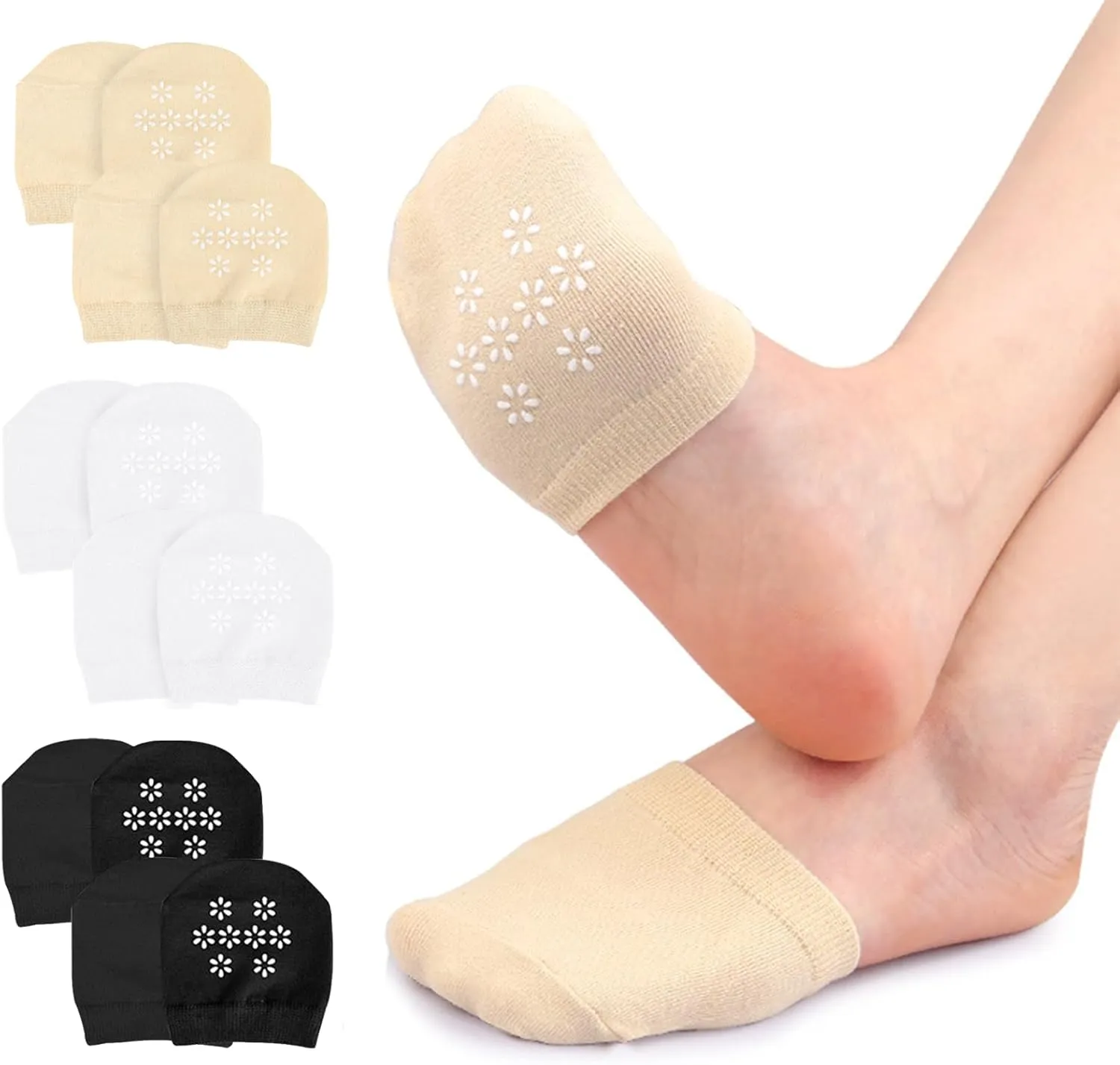 6 Pairs No Show Toe Topper Socks for Women - Non-Skid, Seamless & Breathable Half Socks with Grip, Ultra Comfortable for Sneakers, Flats and Heels