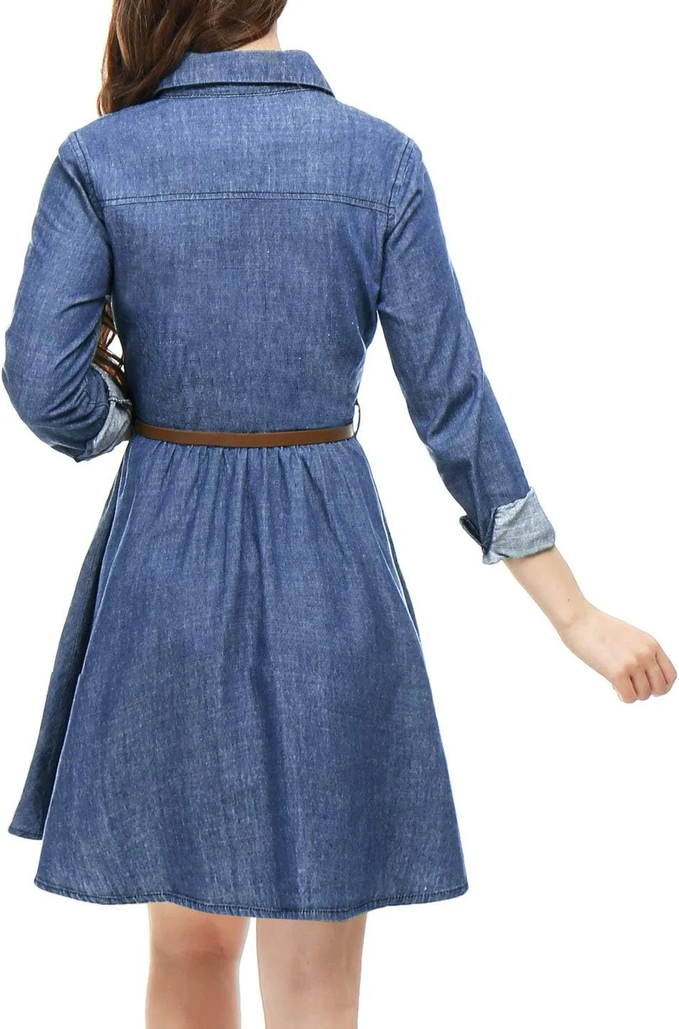 Allegra K Women's Denim Dress Button Down Belted Pleated Flare A-line Shirt Dress