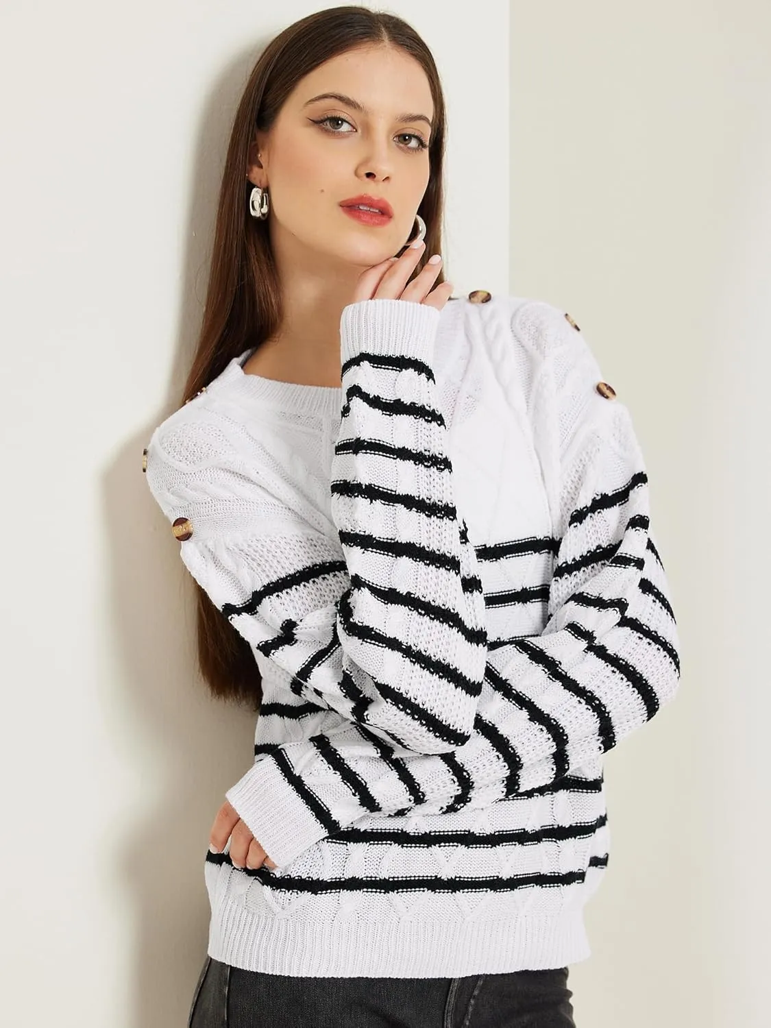 Allegra K Women's Striped Sweater Pullover Crewneck Long Sleeve Cable Knitted Sweaters