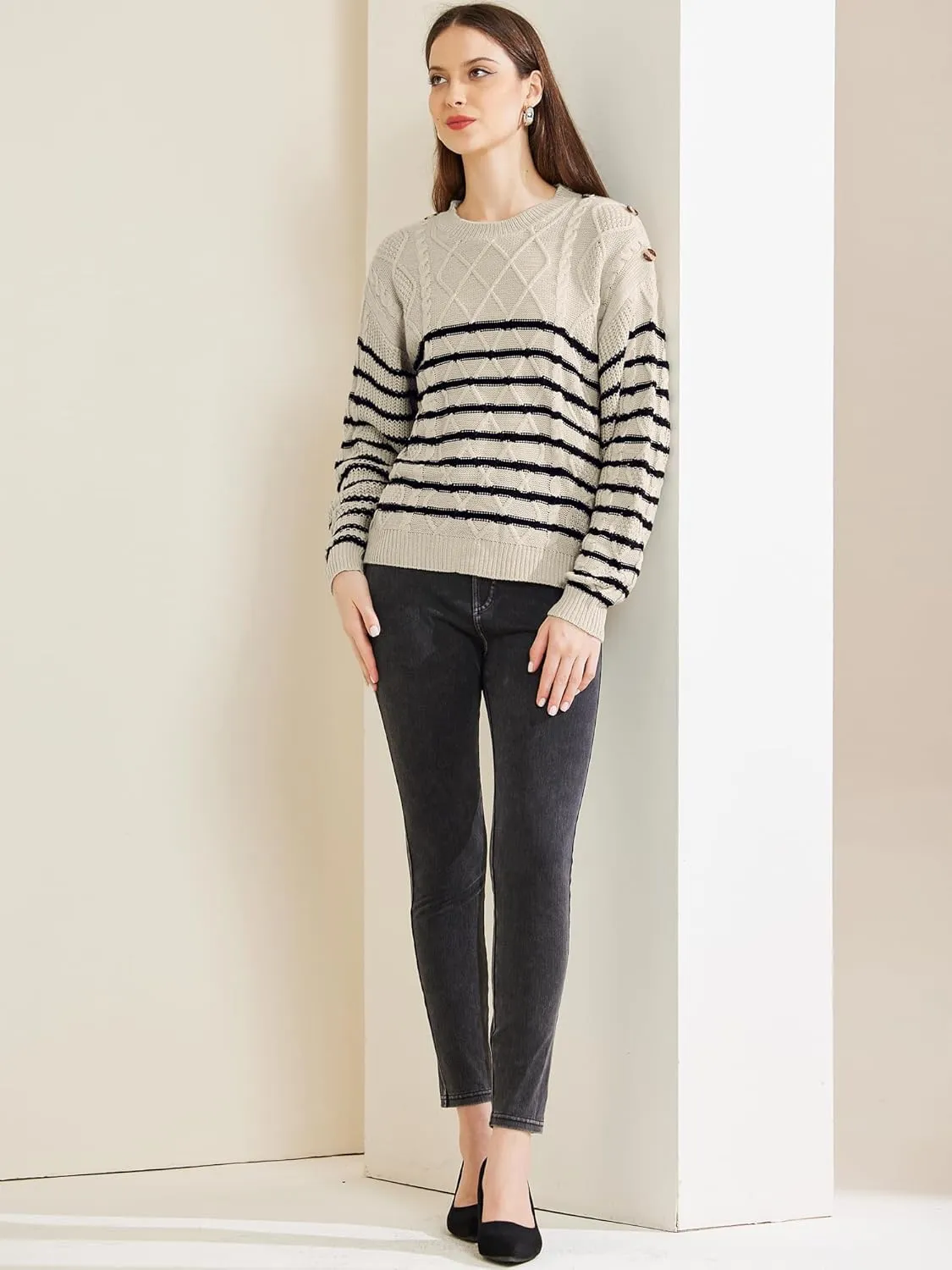 Allegra K Women's Striped Sweater Pullover Crewneck Long Sleeve Cable Knitted Sweaters