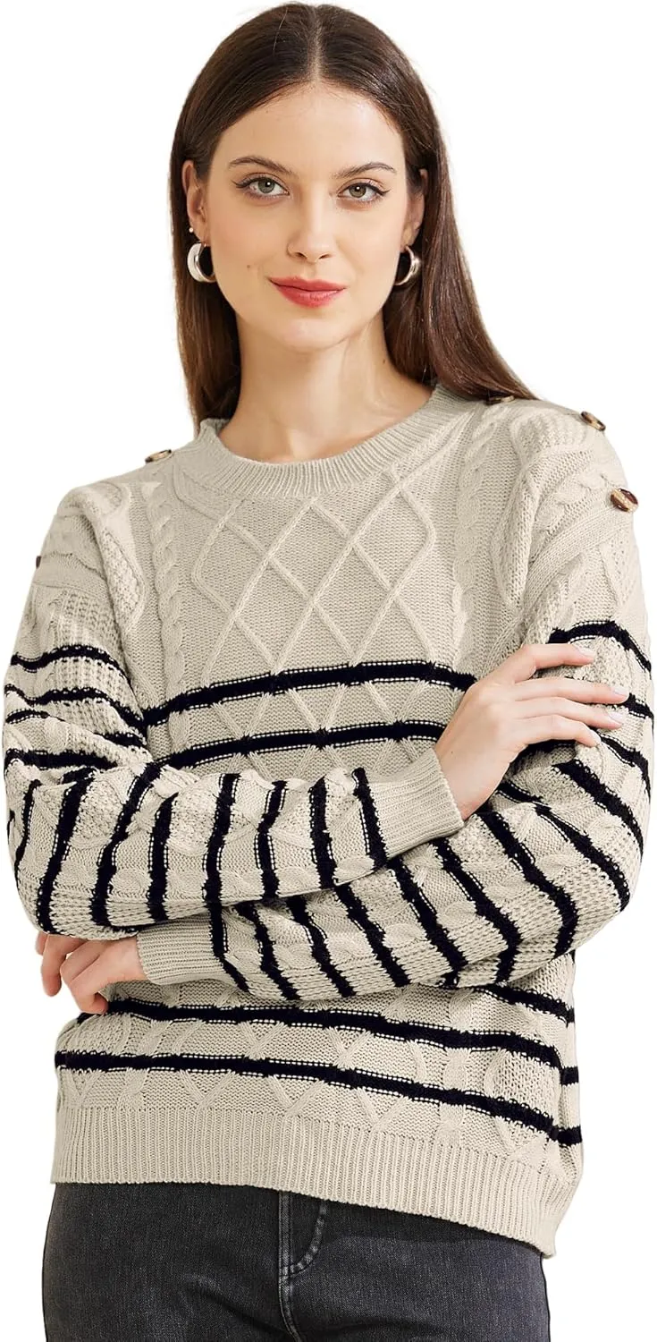 Allegra K Women's Striped Sweater Pullover Crewneck Long Sleeve Cable Knitted Sweaters