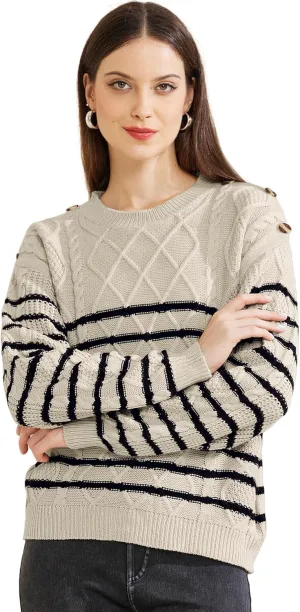 Allegra K Women's Striped Sweater Pullover Crewneck Long Sleeve Cable Knitted Sweaters