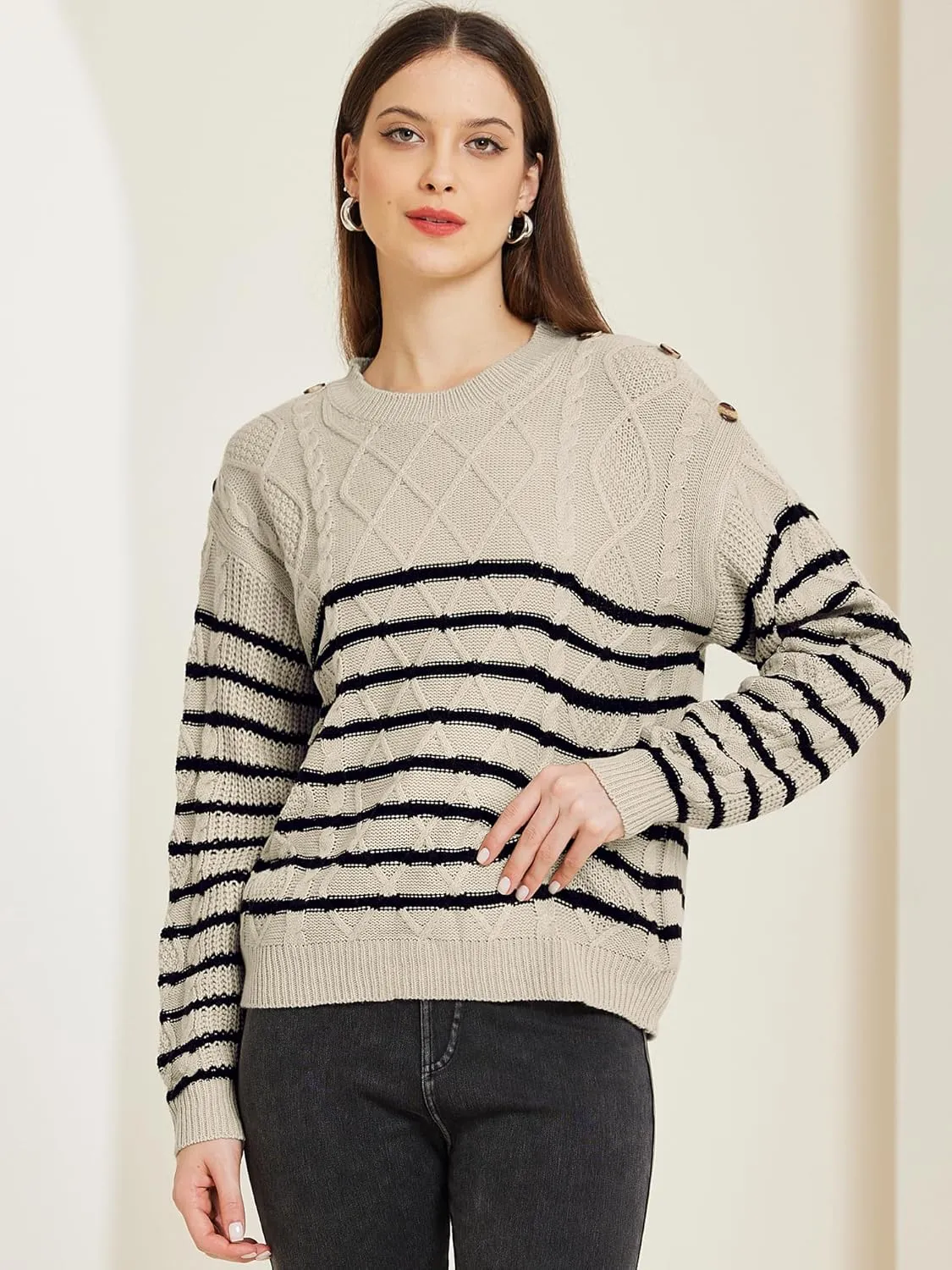 Allegra K Women's Striped Sweater Pullover Crewneck Long Sleeve Cable Knitted Sweaters