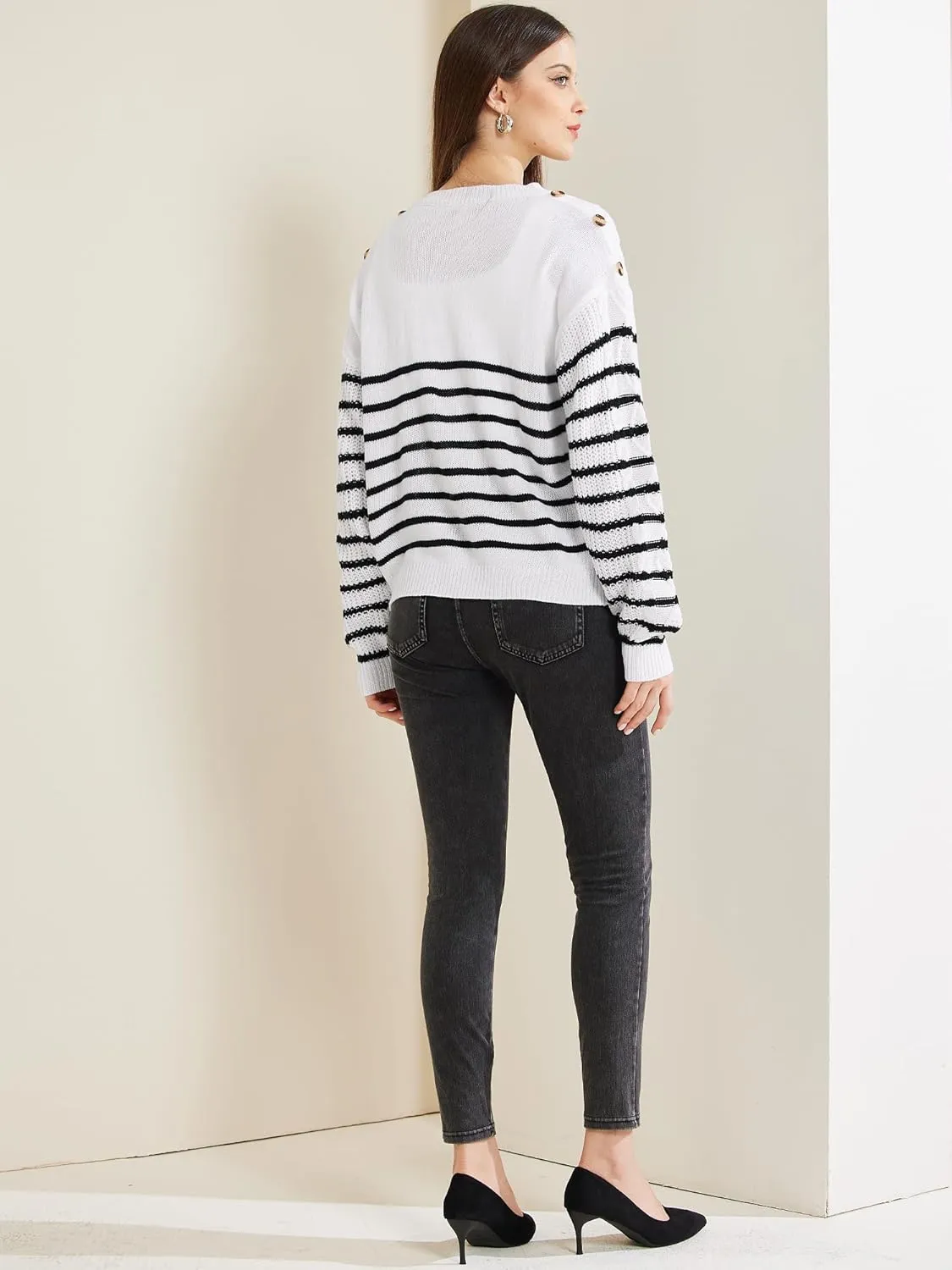 Allegra K Women's Striped Sweater Pullover Crewneck Long Sleeve Cable Knitted Sweaters