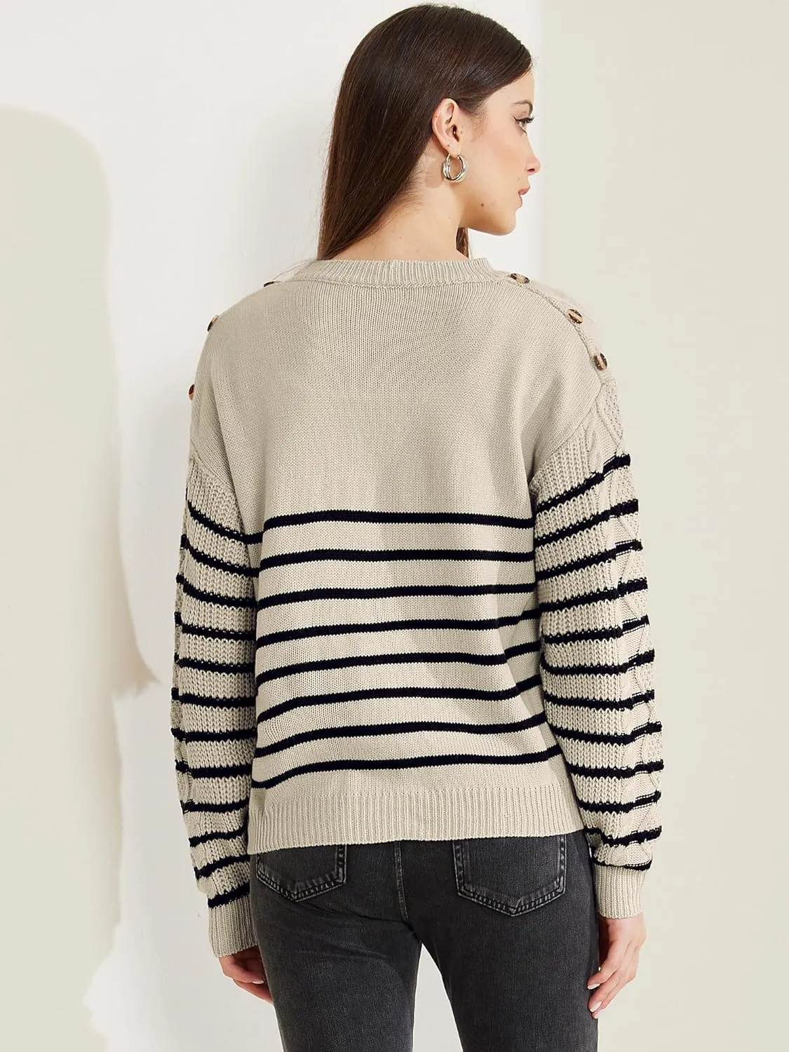 Allegra K Women's Striped Sweater Pullover Crewneck Long Sleeve Cable Knitted Sweaters