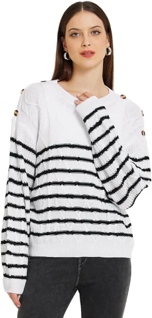 Allegra K Women's Striped Sweater Pullover Crewneck Long Sleeve Cable Knitted Sweaters