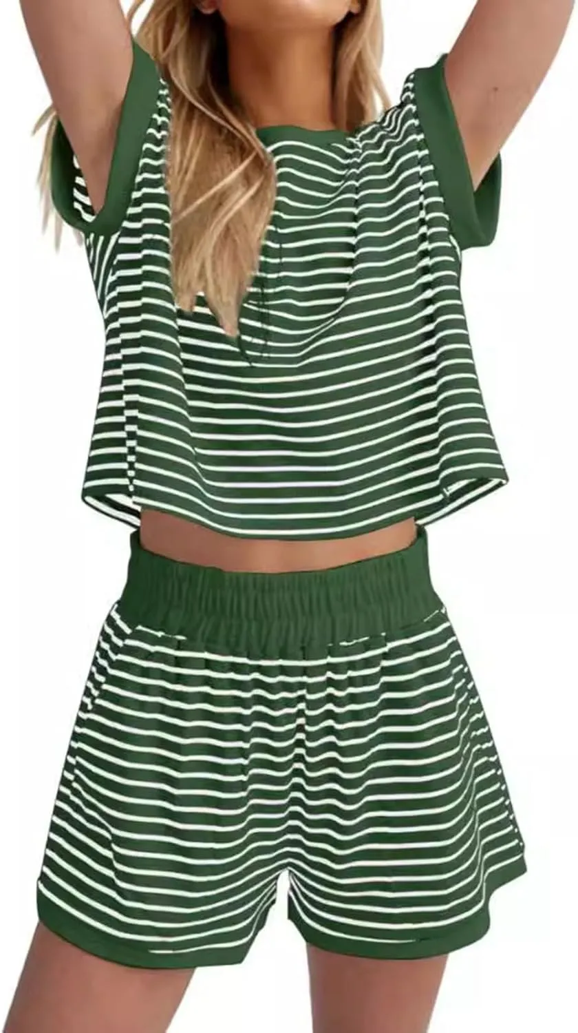 Aniywn Lounge Sets for Women 2 Piece Travel Ribbed Knit Set Striped Short Sleeve Tee Shirts and Shorts Set Summer Gym Workout