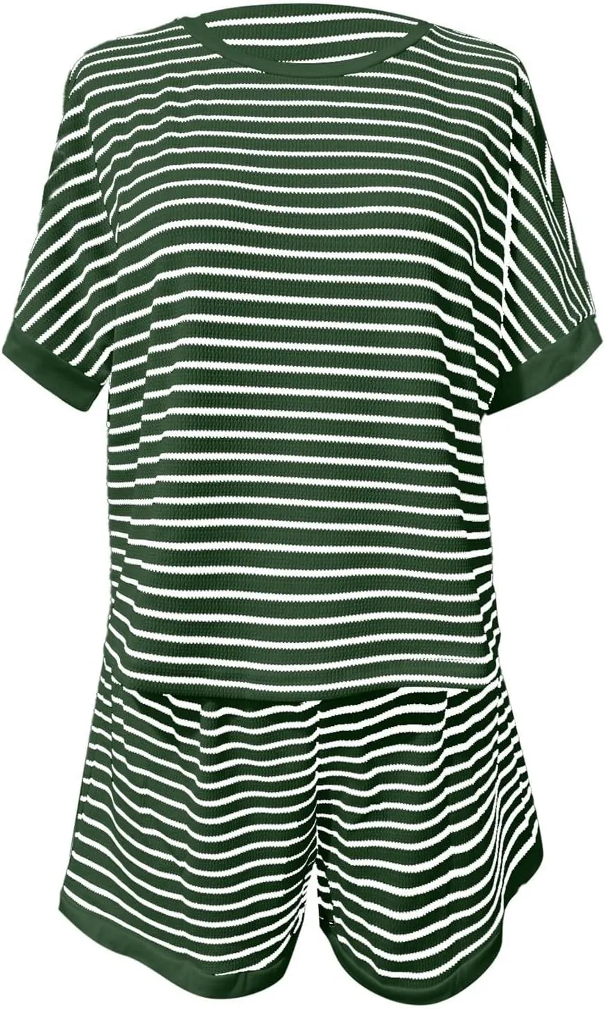Aniywn Lounge Sets for Women 2 Piece Travel Ribbed Knit Set Striped Short Sleeve Tee Shirts and Shorts Set Summer Gym Workout