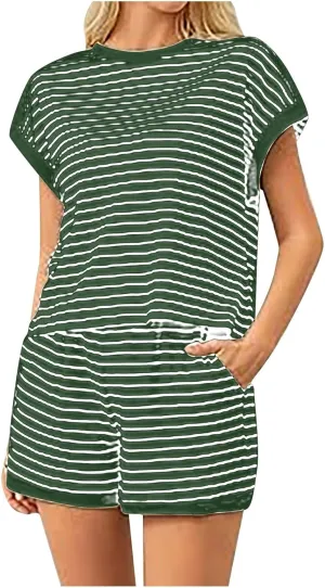 Aniywn Lounge Sets for Women 2 Piece Travel Ribbed Knit Set Striped Short Sleeve Tee Shirts and Shorts Set Summer Gym Workout