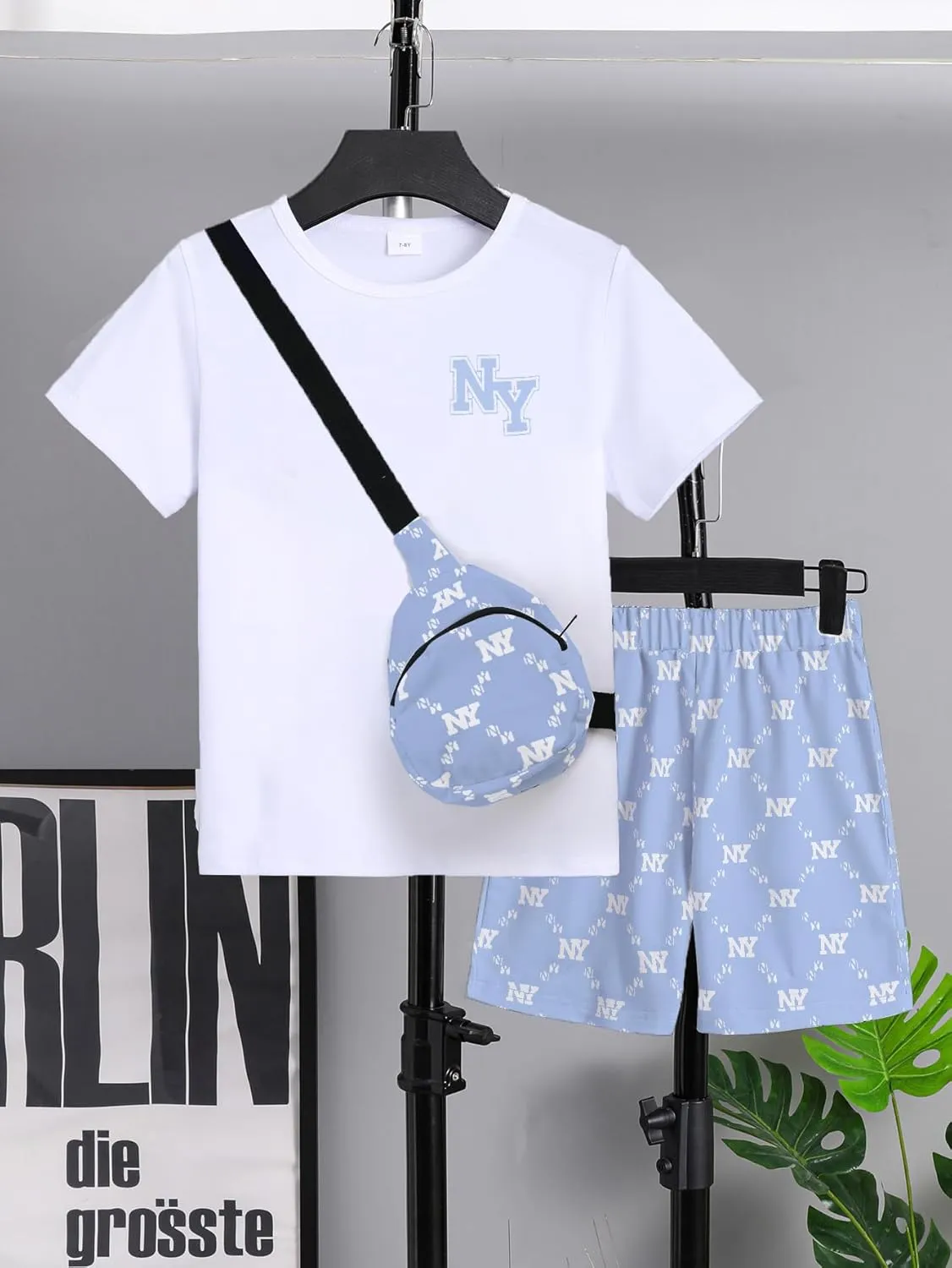 Boy Clothes Kids Shorts Sleeve Crewneck T Shirt Top and Shorts Sets Crossbody Bag 3 Piece Boy's Summer Outfits