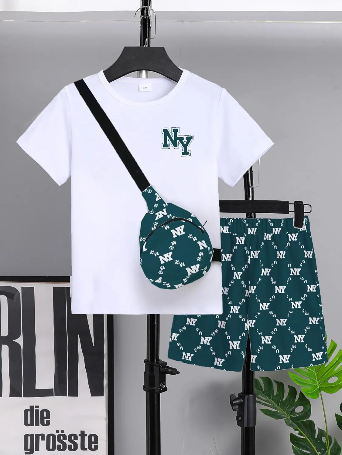 Boy Clothes Kids Shorts Sleeve Crewneck T Shirt Top and Shorts Sets Crossbody Bag 3 Piece Boy's Summer Outfits