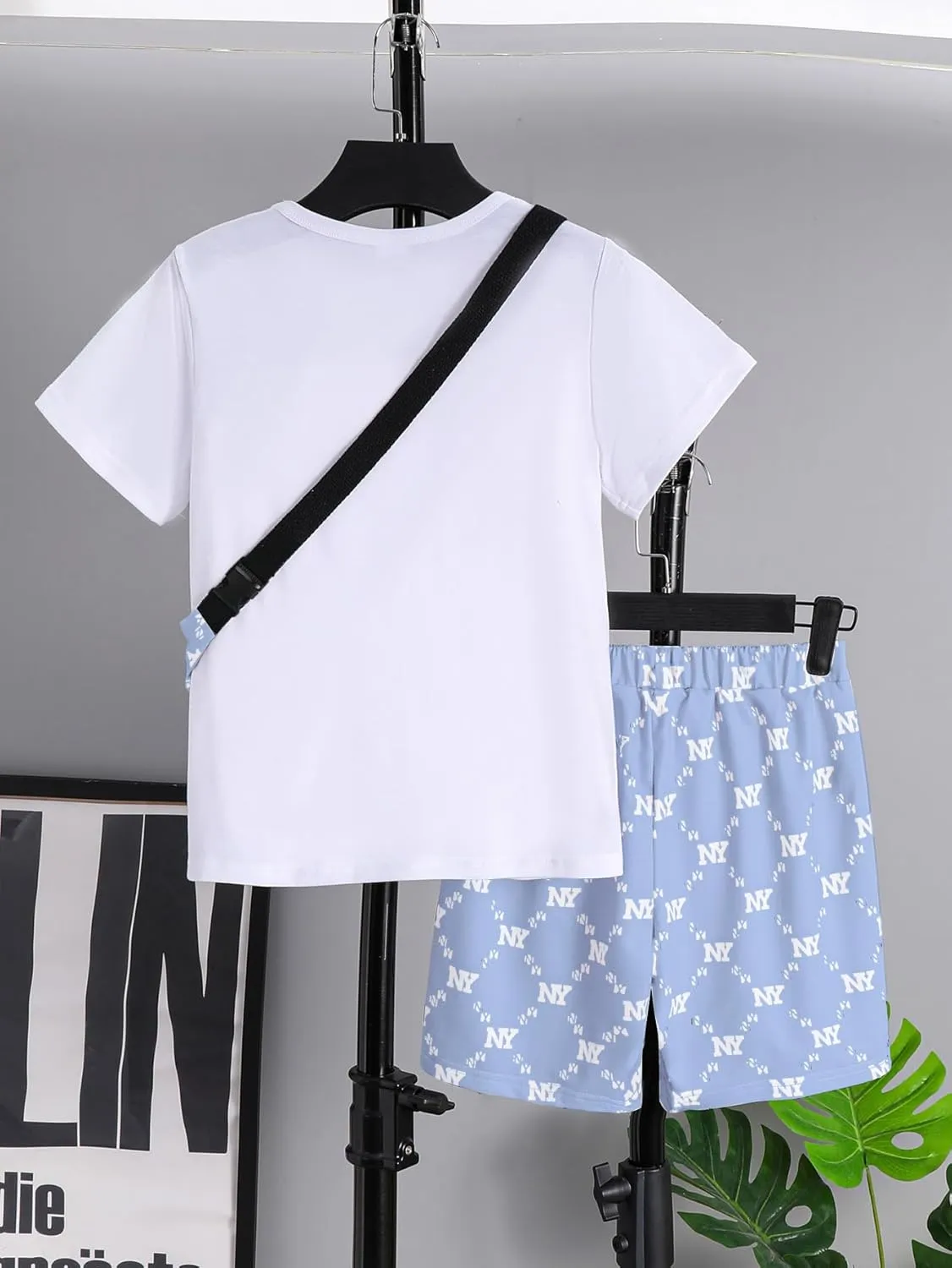 Boy Clothes Kids Shorts Sleeve Crewneck T Shirt Top and Shorts Sets Crossbody Bag 3 Piece Boy's Summer Outfits