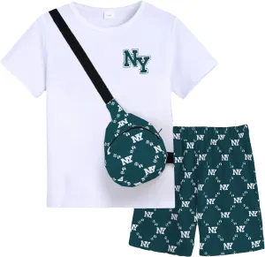 Boy Clothes Kids Shorts Sleeve Crewneck T Shirt Top and Shorts Sets Crossbody Bag 3 Piece Boy's Summer Outfits
