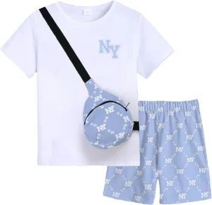 Boy Clothes Kids Shorts Sleeve Crewneck T Shirt Top and Shorts Sets Crossbody Bag 3 Piece Boy's Summer Outfits