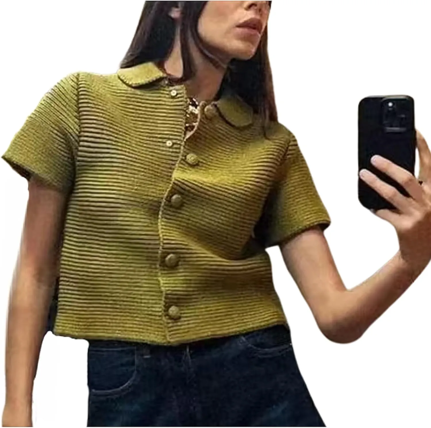 Button Up Cardigan Short Sleeve Cardigans for Women Chunky Knit Cardigan Olive Green Sweater Old Money