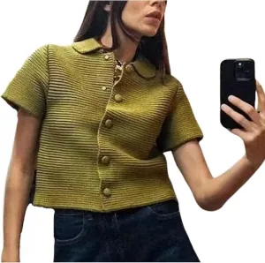 Button Up Cardigan Short Sleeve Cardigans for Women Chunky Knit Cardigan Olive Green Sweater Old Money