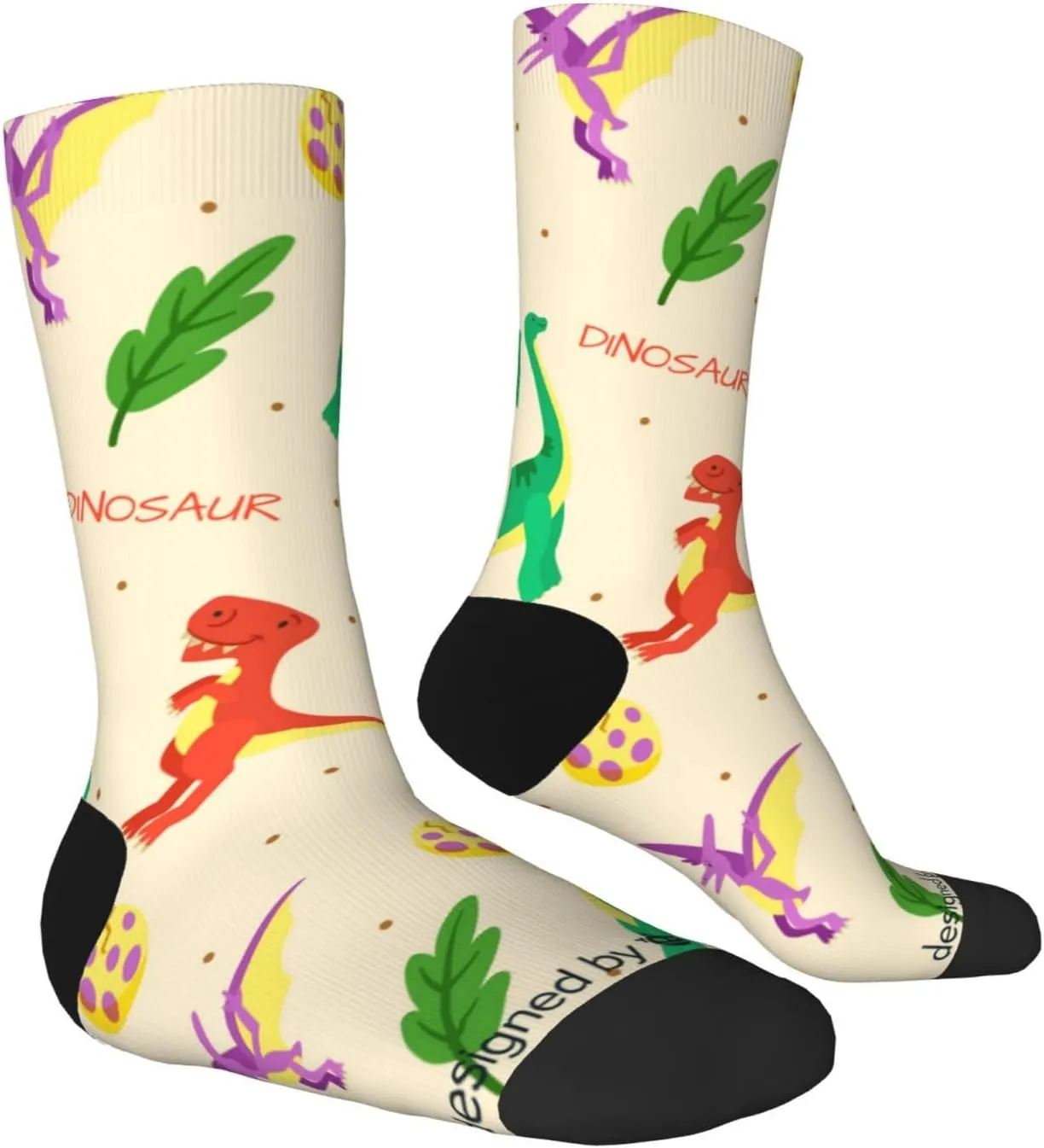 Casual Crew Socks for Men Women Funny Novelty Fun Dress Socks, Cute Dinosaur Leaf Pattern