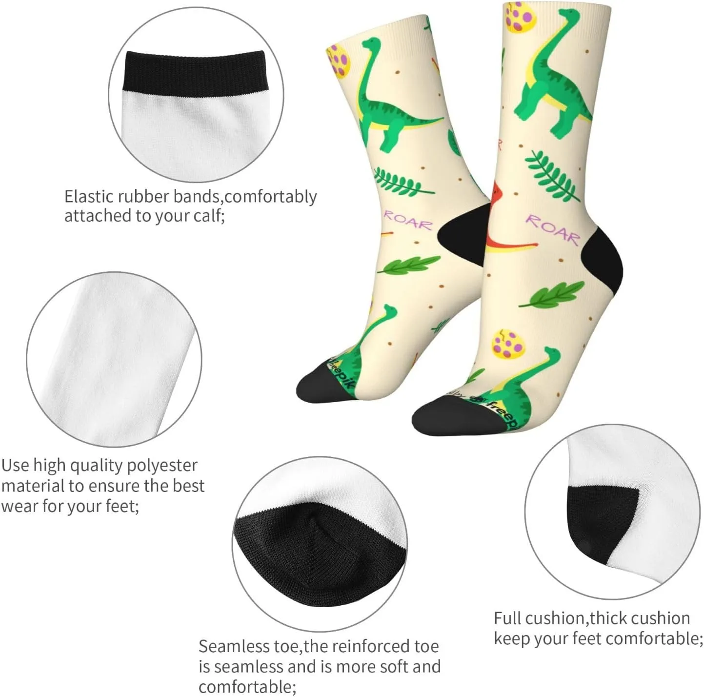 Casual Crew Socks for Men Women Funny Novelty Fun Dress Socks, Cute Dinosaur Leaf Pattern