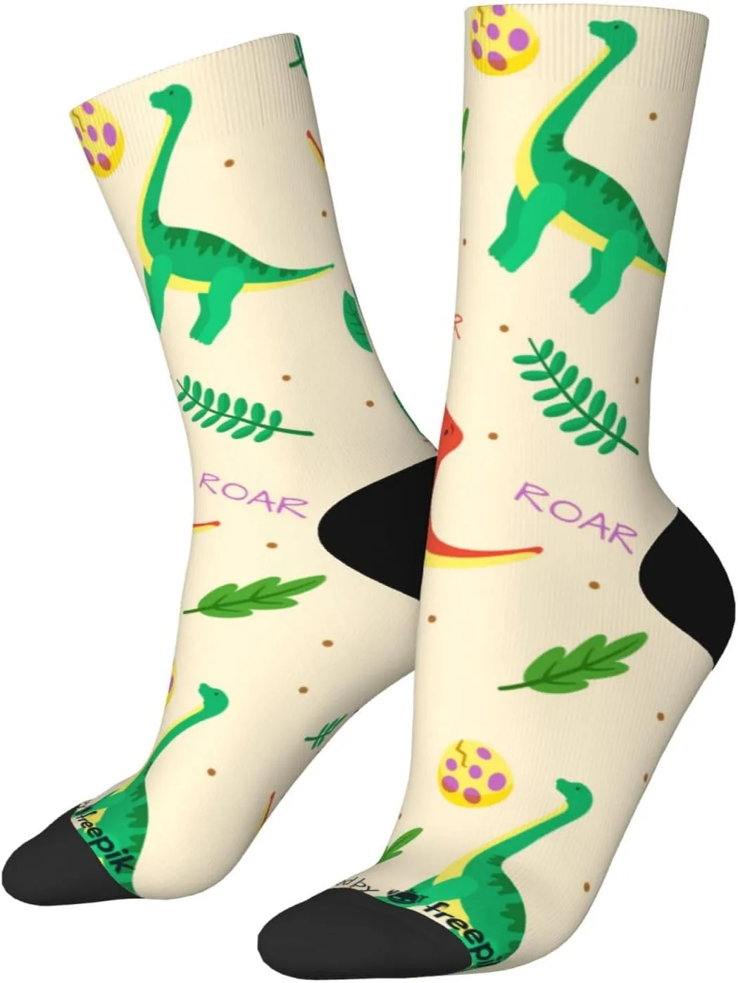 Casual Crew Socks for Men Women Funny Novelty Fun Dress Socks, Cute Dinosaur Leaf Pattern