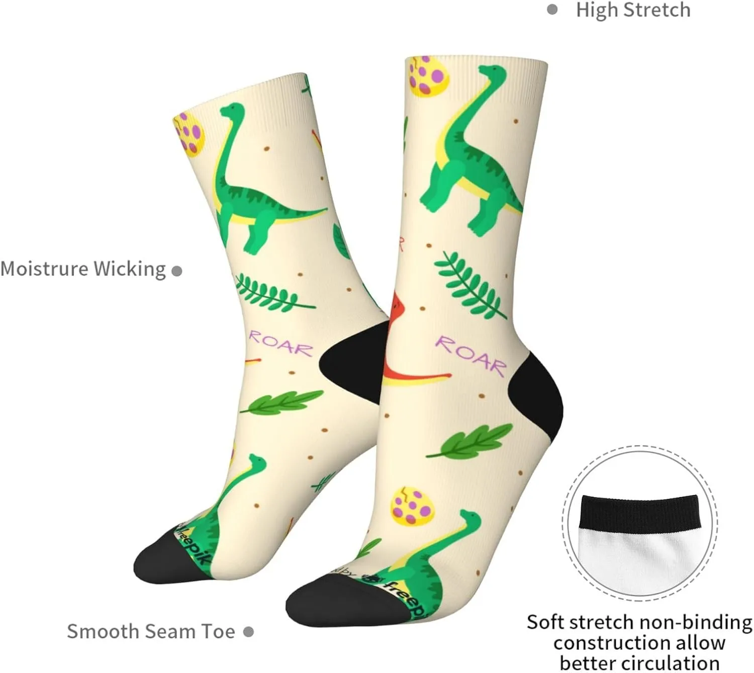 Casual Crew Socks for Men Women Funny Novelty Fun Dress Socks, Cute Dinosaur Leaf Pattern