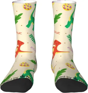 Casual Crew Socks for Men Women Funny Novelty Fun Dress Socks, Cute Dinosaur Leaf Pattern