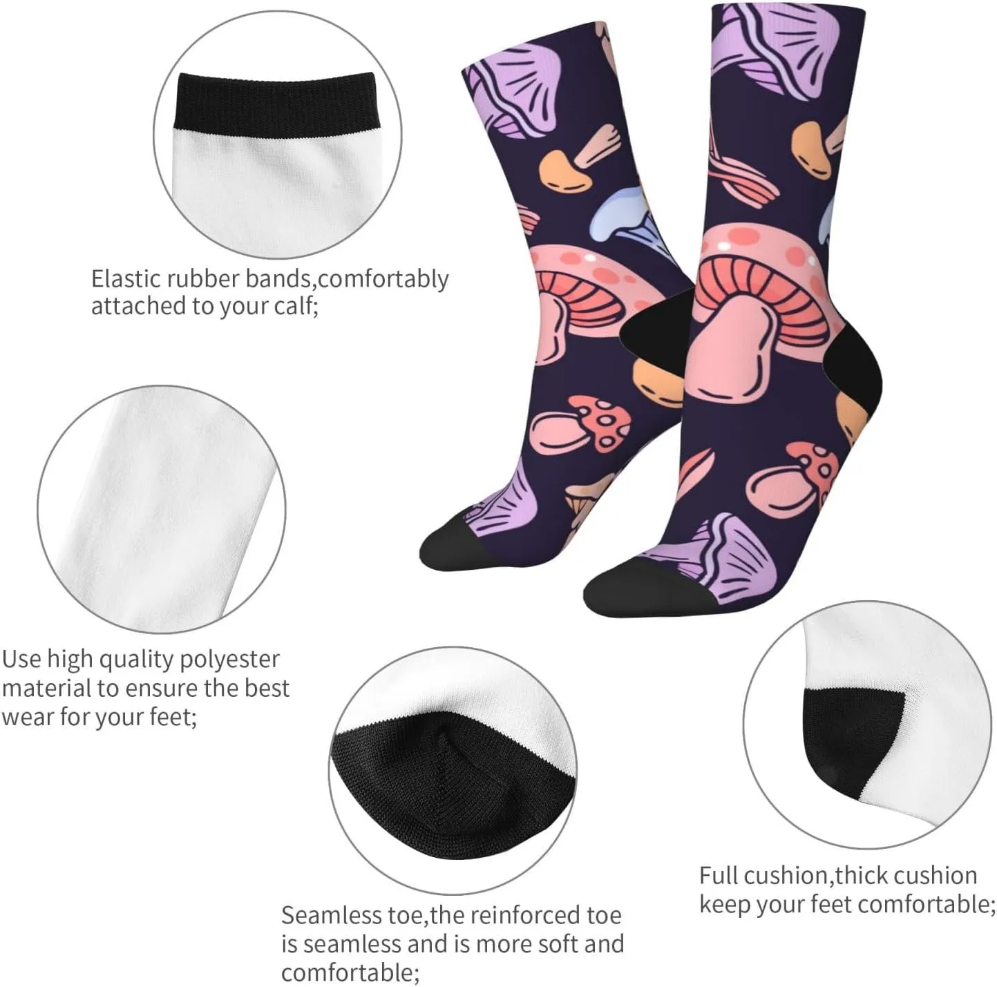 Casual Crew Socks for Men Women Funny Novelty Fun Dress Socks, Mushroom Colorful Pattern