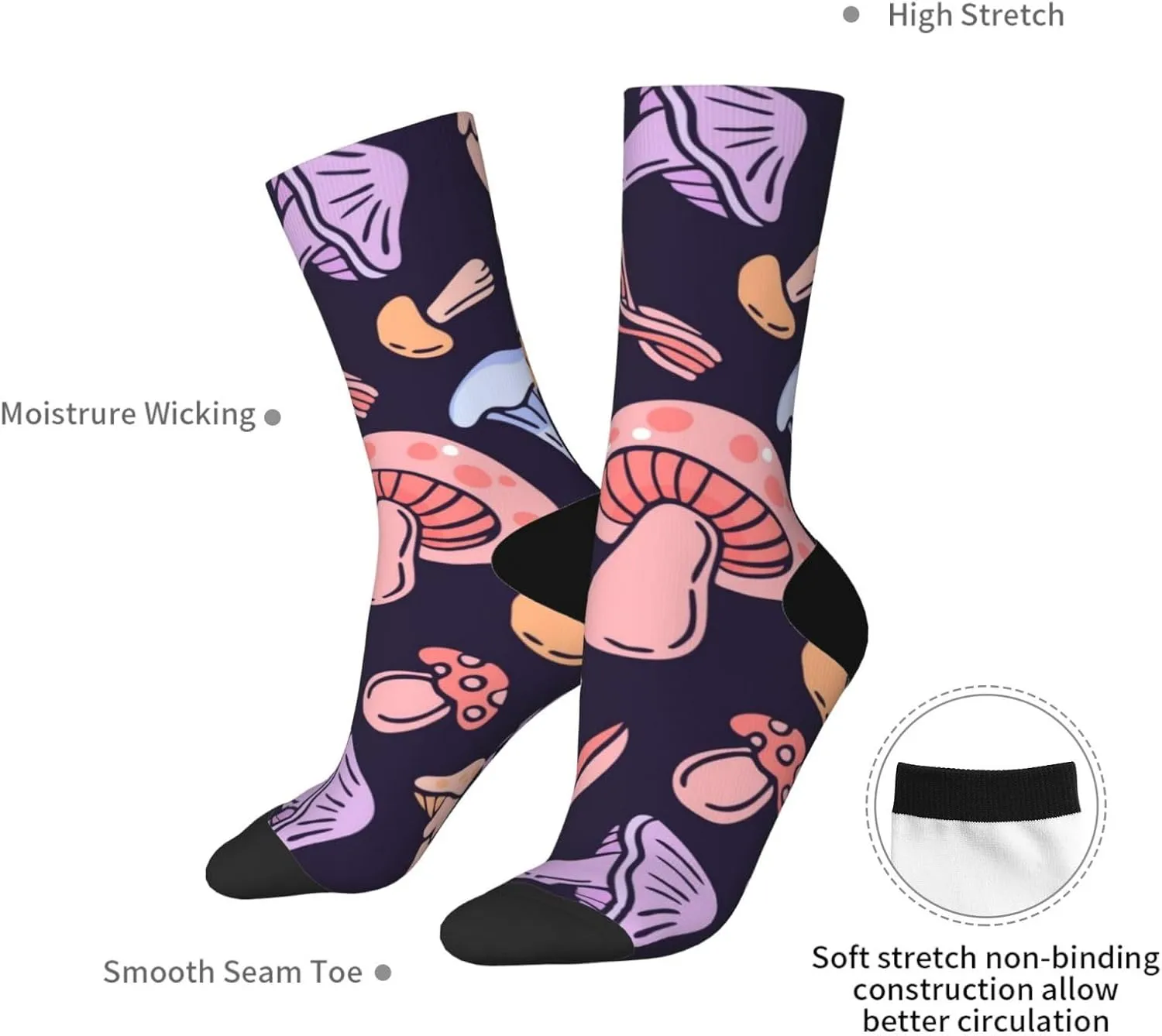 Casual Crew Socks for Men Women Funny Novelty Fun Dress Socks, Mushroom Colorful Pattern