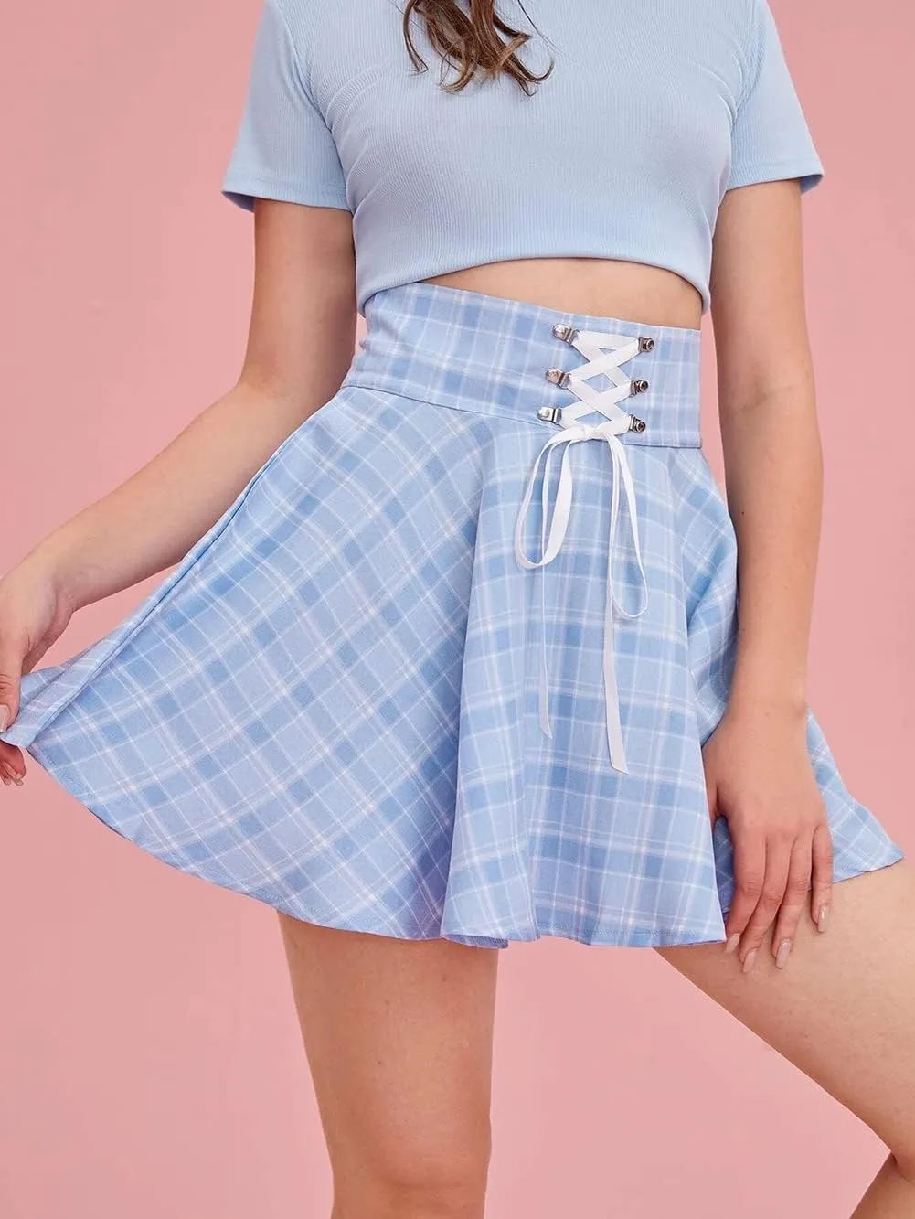 CHARTOU Women's Sexy Plaid Lace Up High Waist A-Line Pleated Skater Mini Skirt