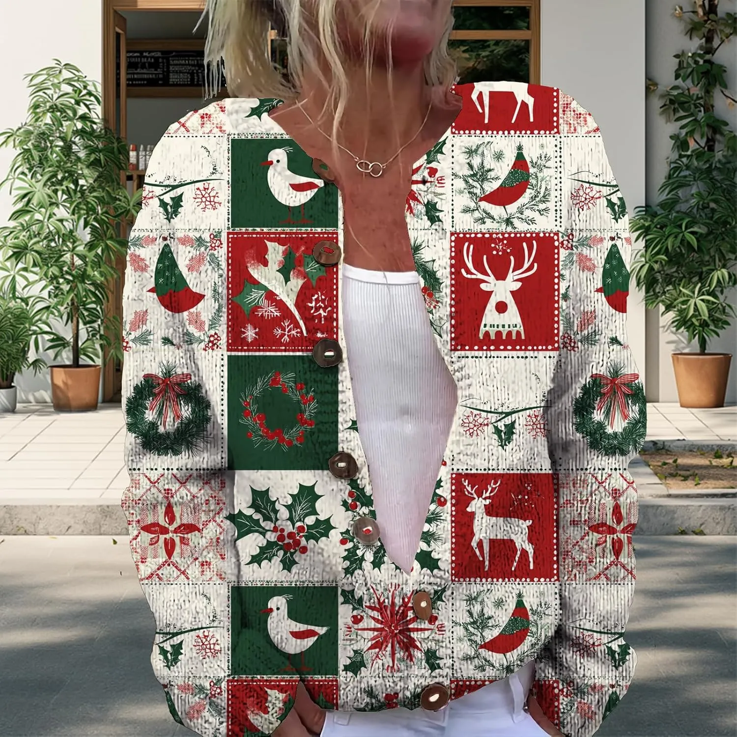 Christmas Sweater for Women 2024 Trendy Plus Size Comfy Warm Christmas Art Design Tops Outfits with Button