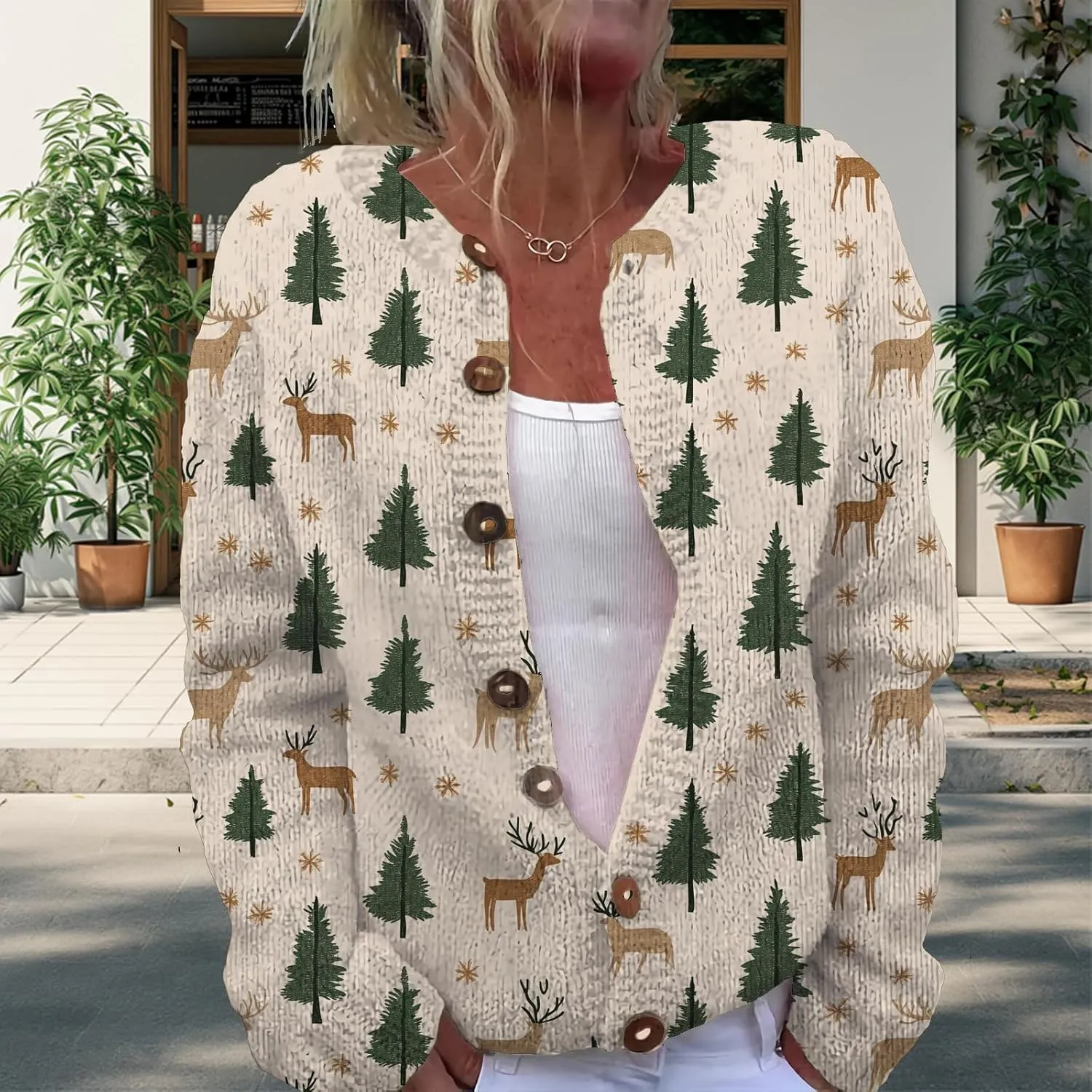 Christmas Sweater for Women 2024 Trendy Plus Size Comfy Warm Christmas Art Design Tops Outfits with Button