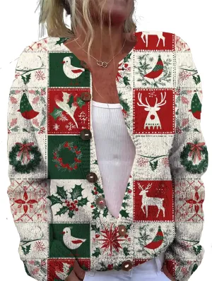 Christmas Sweater for Women 2024 Trendy Plus Size Comfy Warm Christmas Art Design Tops Outfits with Button