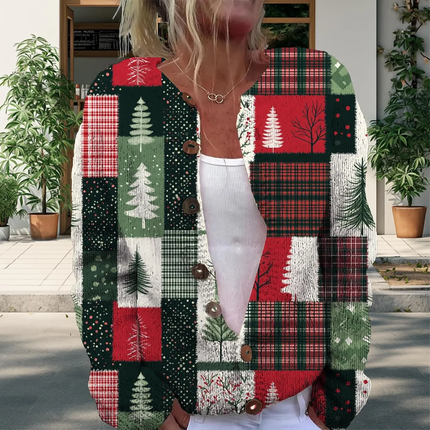 Christmas Sweater for Women 2024 Trendy Plus Size Comfy Warm Christmas Art Design Tops Outfits with Button