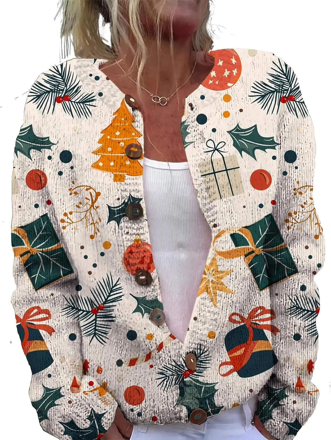 Christmas Sweater for Women 2024 Trendy Plus Size Comfy Warm Christmas Art Design Tops Outfits with Button