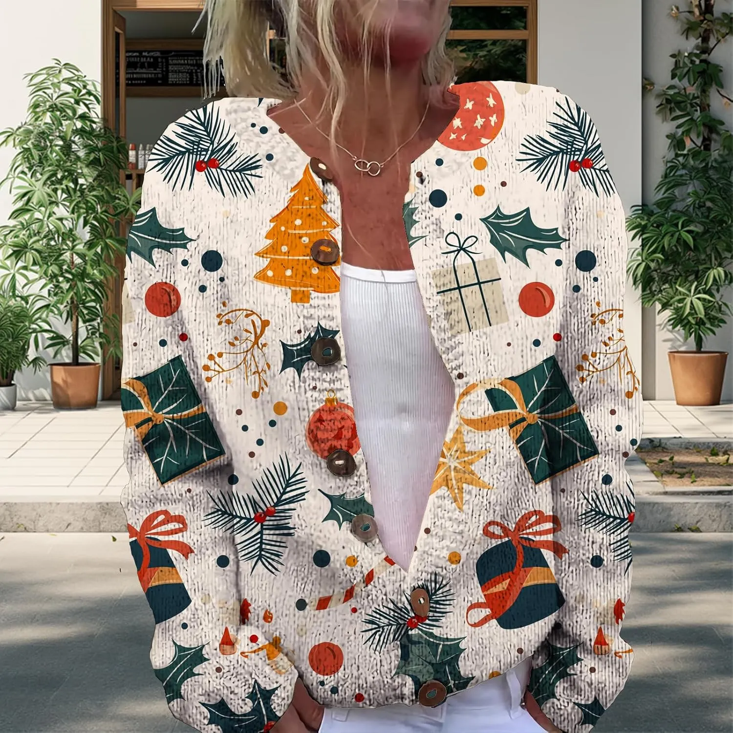 Christmas Sweater for Women 2024 Trendy Plus Size Comfy Warm Christmas Art Design Tops Outfits with Button