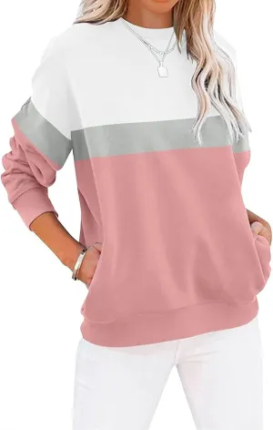 Crewneck Sweatshirts Women Color Block Long Sleeve Pullover Sweaters Lightweight Loose Tops with Pocket