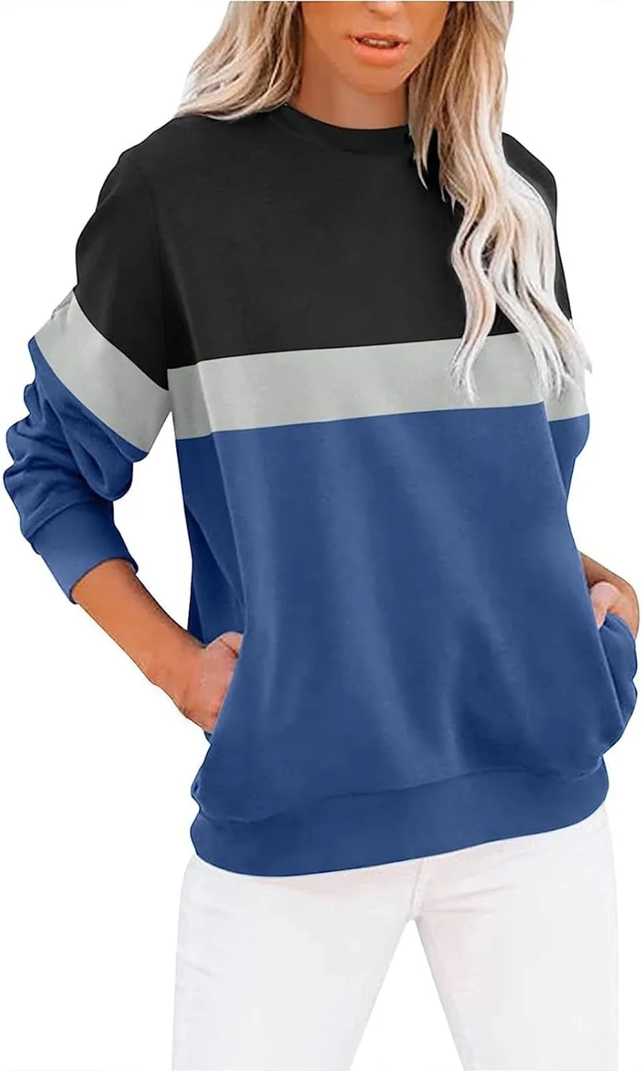 Crewneck Sweatshirts Women Color Block Long Sleeve Pullover Sweaters Lightweight Loose Tops with Pocket