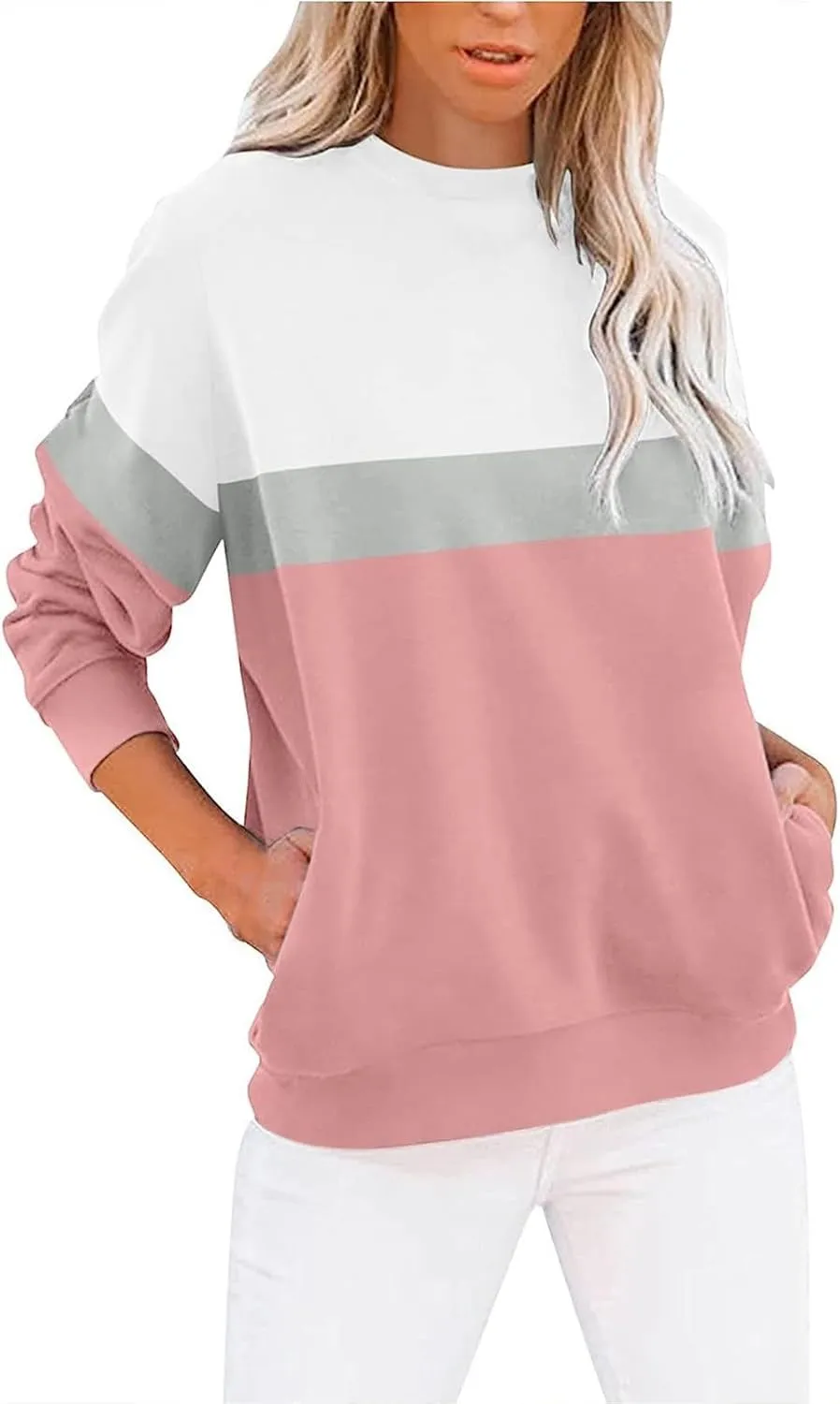 Crewneck Sweatshirts Women Color Block Long Sleeve Pullover Sweaters Lightweight Loose Tops with Pocket