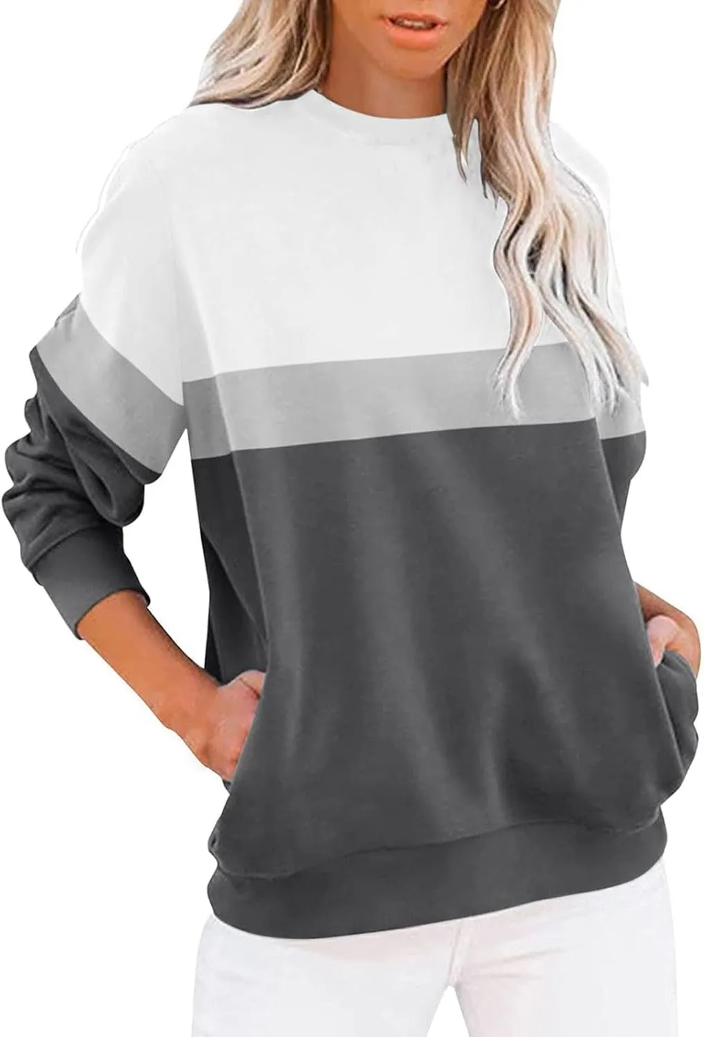 Crewneck Sweatshirts Women Color Block Long Sleeve Pullover Sweaters Lightweight Loose Tops with Pocket