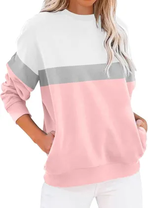 Crewneck Sweatshirts Women Color Block Long Sleeve Pullover Sweaters Lightweight Loose Tops with Pocket