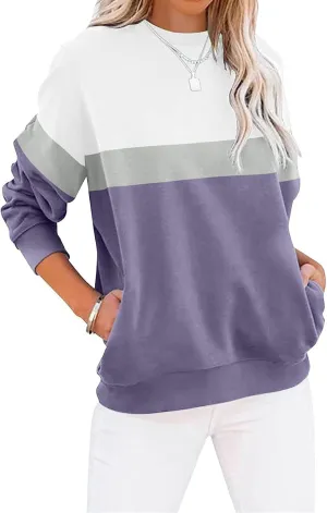Crewneck Sweatshirts Women Color Block Long Sleeve Pullover Sweaters Lightweight Loose Tops with Pocket