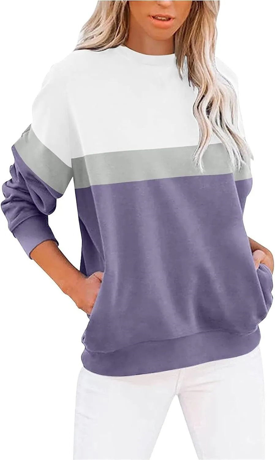 Crewneck Sweatshirts Women Color Block Long Sleeve Pullover Sweaters Lightweight Loose Tops with Pocket