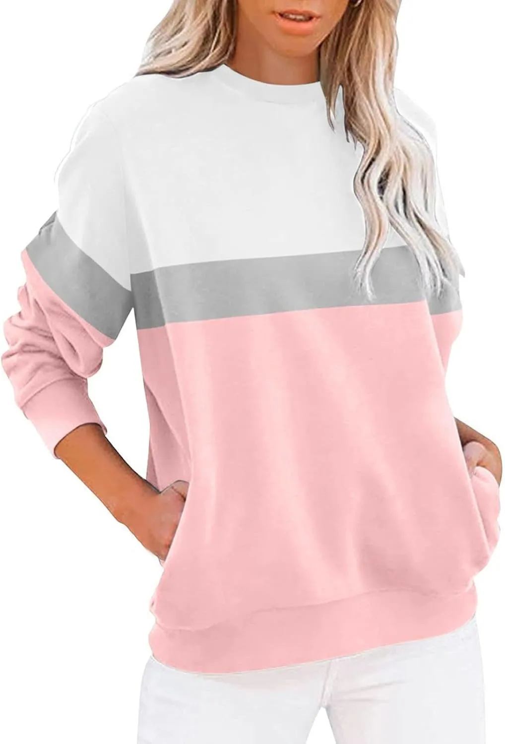Crewneck Sweatshirts Women Color Block Long Sleeve Pullover Sweaters Lightweight Loose Tops with Pocket