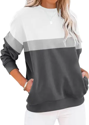 Crewneck Sweatshirts Women Color Block Long Sleeve Pullover Sweaters Lightweight Loose Tops with Pocket