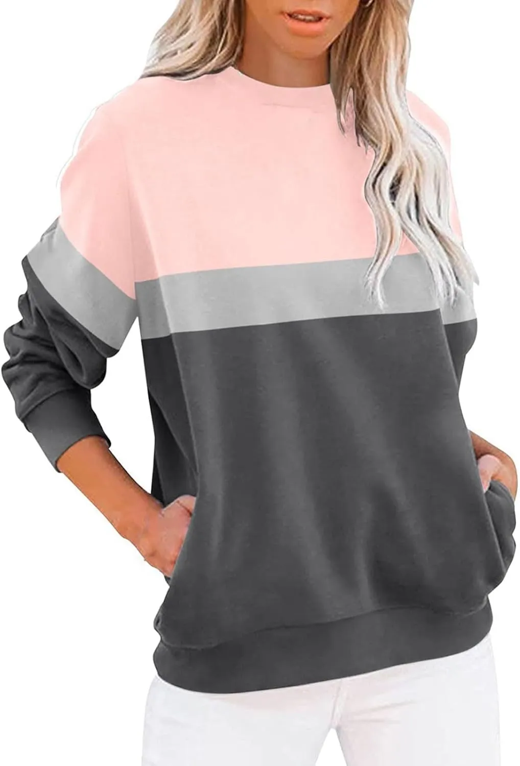 Crewneck Sweatshirts Women Color Block Long Sleeve Pullover Sweaters Lightweight Loose Tops with Pocket