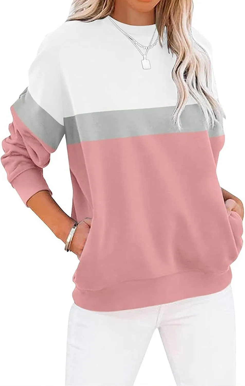 Crewneck Sweatshirts Women Color Block Long Sleeve Pullover Sweaters Lightweight Loose Tops with Pocket