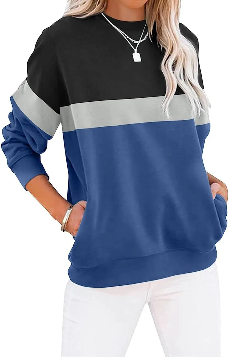 Crewneck Sweatshirts Women Color Block Long Sleeve Pullover Sweaters Lightweight Loose Tops with Pocket